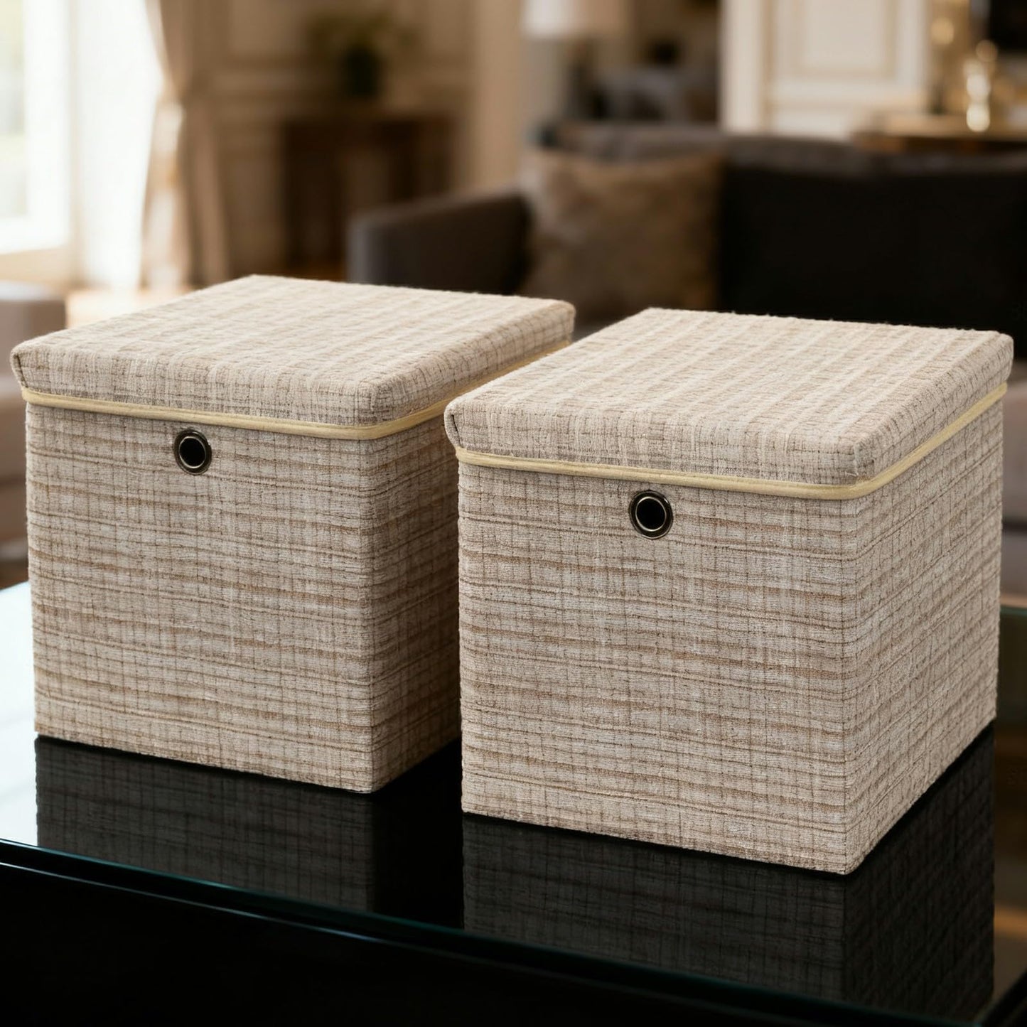 modscape 2-Pack 12"x12" Fabric Storage Bins with Lids, Collapsible Storage Bins for Clothes Toys, Sturdy Storage Cube for Bedroom Closet Shelves Home Organization (Shining Beige, 2)