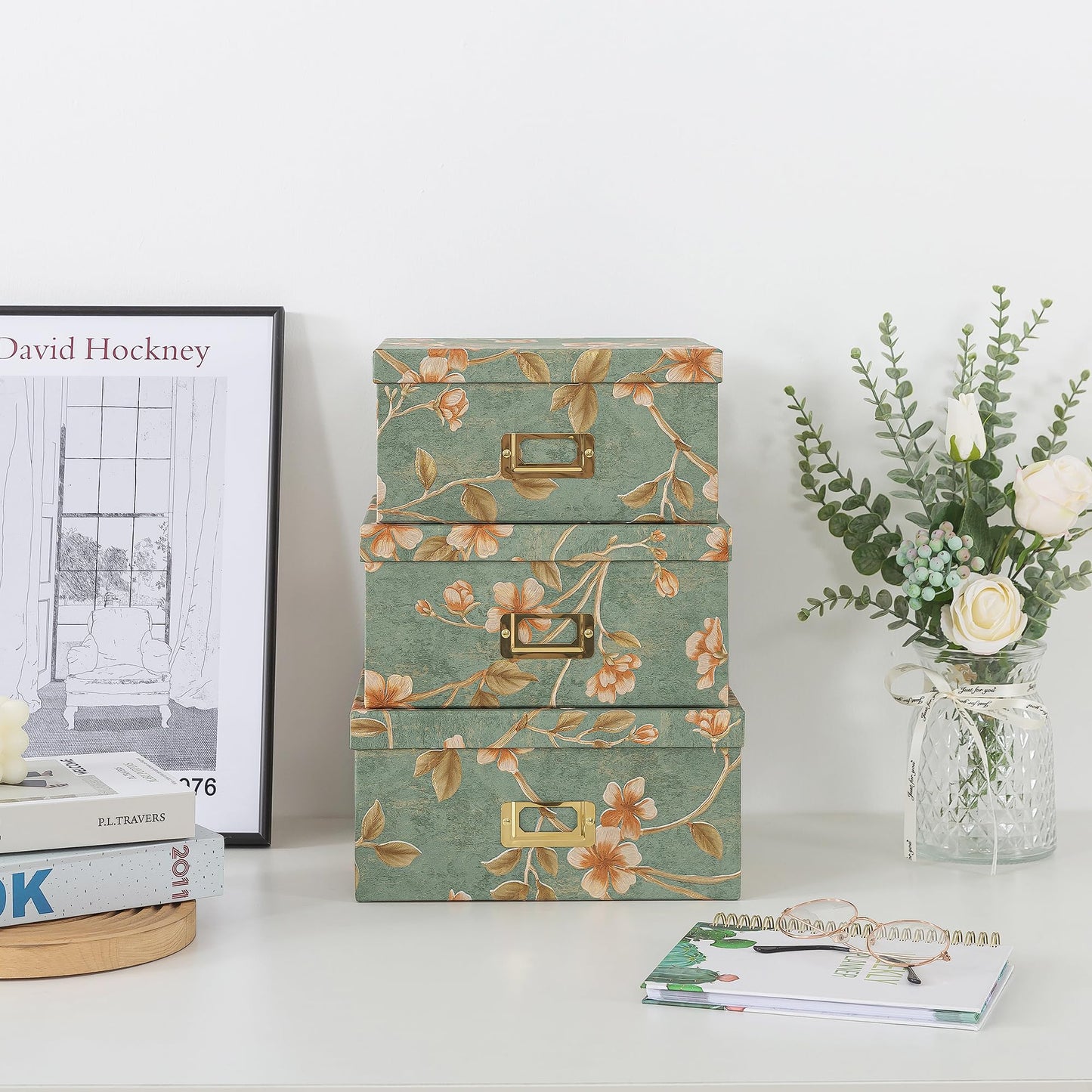 Soul & Lane Decorative Cardboard Storage Boxes - Set of 3 Square Stacking Boxes with Lids and Gold Label Holders, Nesting Photo Storage for Decor and Organizing, Botanical Sage