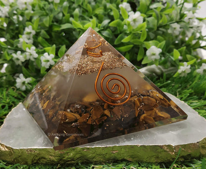 Large Orgone Pyramid | Glow in Dark Tigers Eye Pyramid Crystal | Orgonite Pyramid | Organ Pyramids Positive Energy Healing