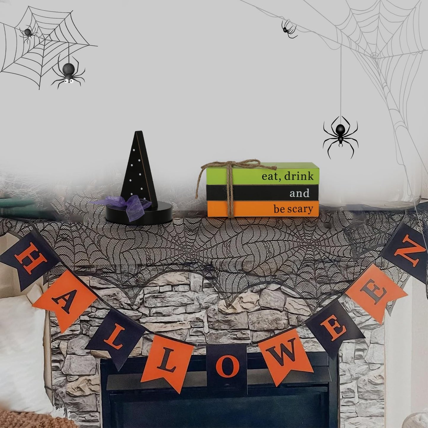 Halloween Decorations 4PCS Table Centerpieces, Cute Tabletop Halloween Decor for Tiered Tray Shelf Mantel Fire Place Office Desk Rustic Farmhouse Wood Faux Book Stack and Witch’s Hat Sign
