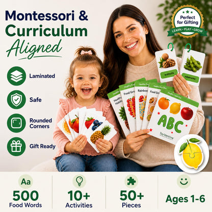 TOYVENTIVE Preschool Learning Activities – Montessori Toddler Toys with Educational Flashcards, Matching Games and Food-Themed Activity Cards for Early Skills, Visual Recognition – Ages 1 & 2