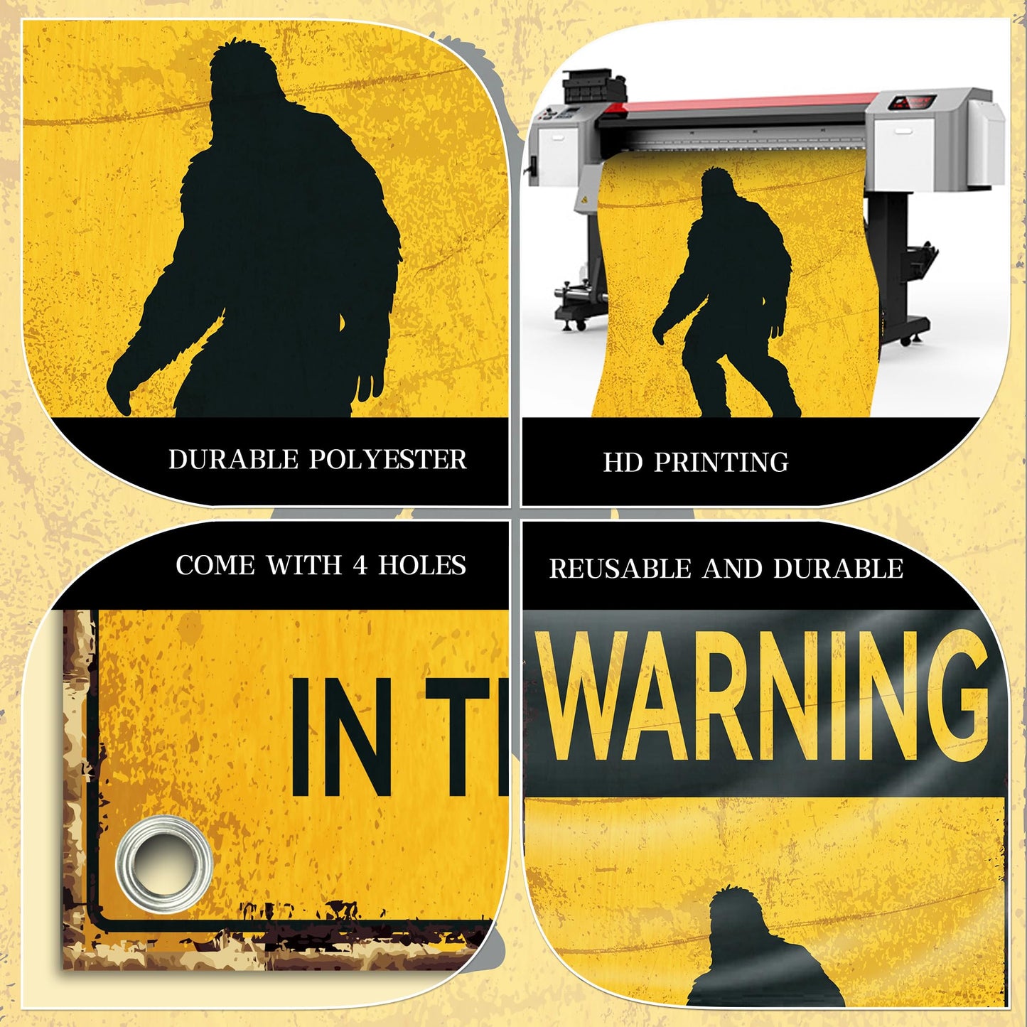 Bigfoot Caution Backdrop Banner BIGFOOT SIGHTED IN THIS AREA Sasquatch Silhouette Novelty Warning Sign Forest Theme Photography Background for Birthday Party Home Decor 35x72 Inch