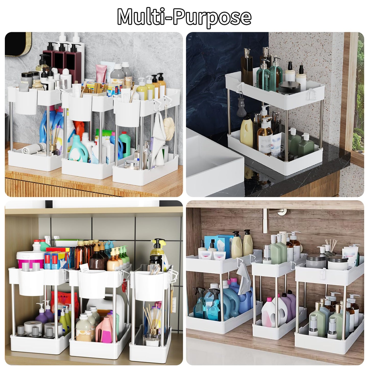 3 Pack Under Sink Organizers and Storage, 2 Tier Bathroom Cabinet Organizer Shelf with Hanging Cups for Kitchen & Bathroom (White)