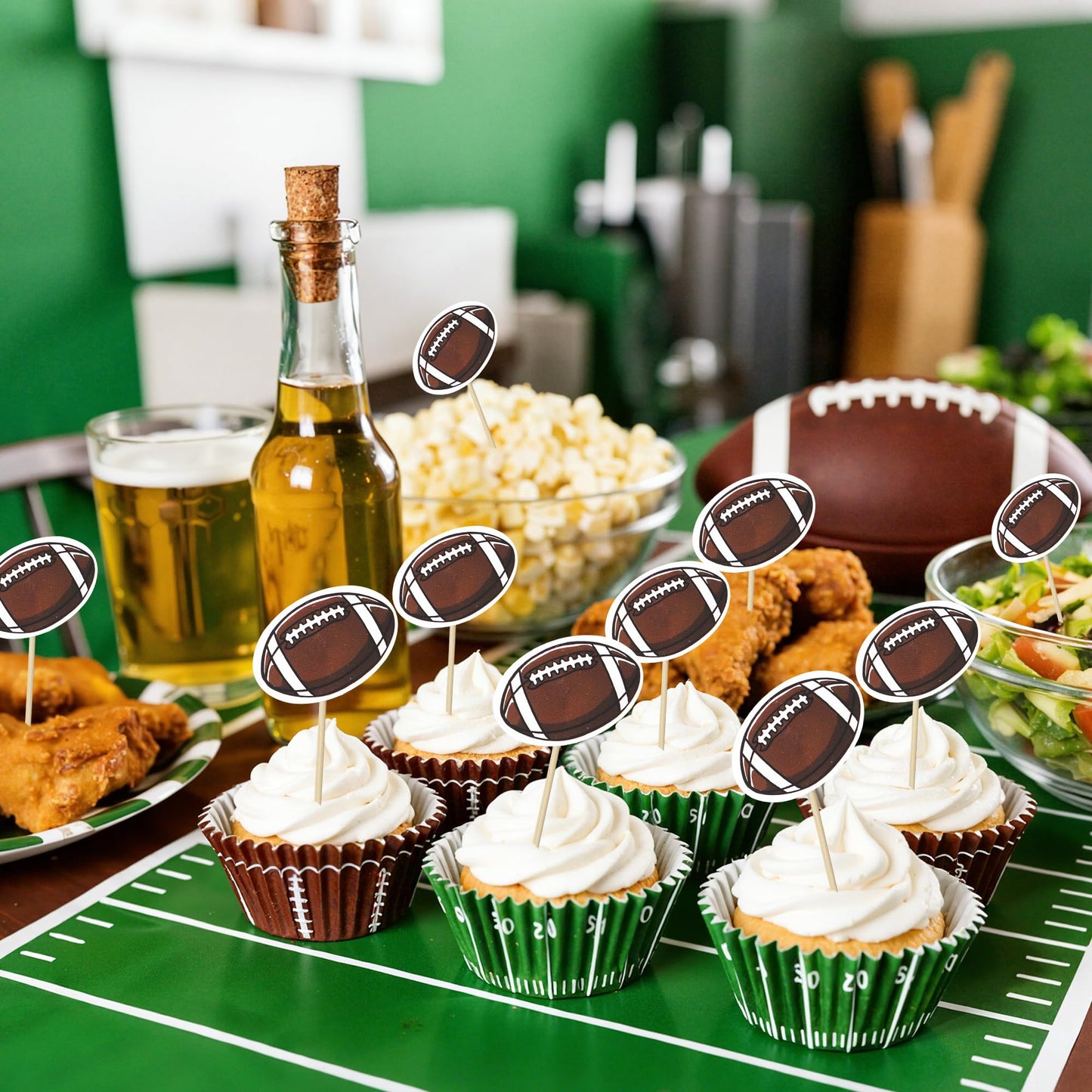 Glavatrix Football Cupcake Liners and Toppers, 200PCS Touch Down & Football Pattern Baking Cups Muffin Wrappers with 36PCS Cupcake Picks for Sports Game Day Baby Shower Birthday Party Cake Decorations