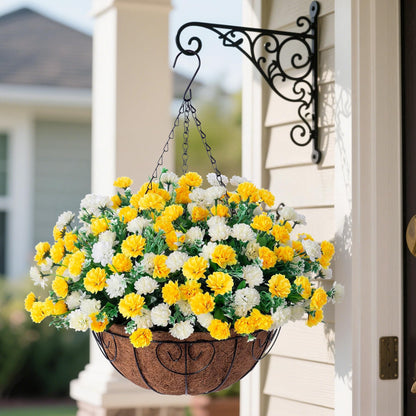Artificial Hanging Flowers Basket for Spring Outdoors Decoration, Silk Mums Fake Flowers UV Resistant Look Real Daisy with Coconut Lining Baskets for Outside Porch Courtyard Decor(Yellow and White)
