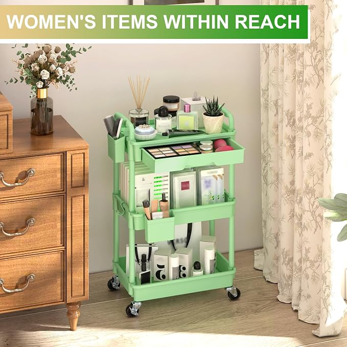 Goovilla 3 Tier Rolling Utility Cart Organizer with Removable Drawer, Stable and Sturdy Green Rolling Storage Carts with 2 Lockable Wheels for Bathroom, Kitchen, Snack, Craft, Makeup, Baby Essentials