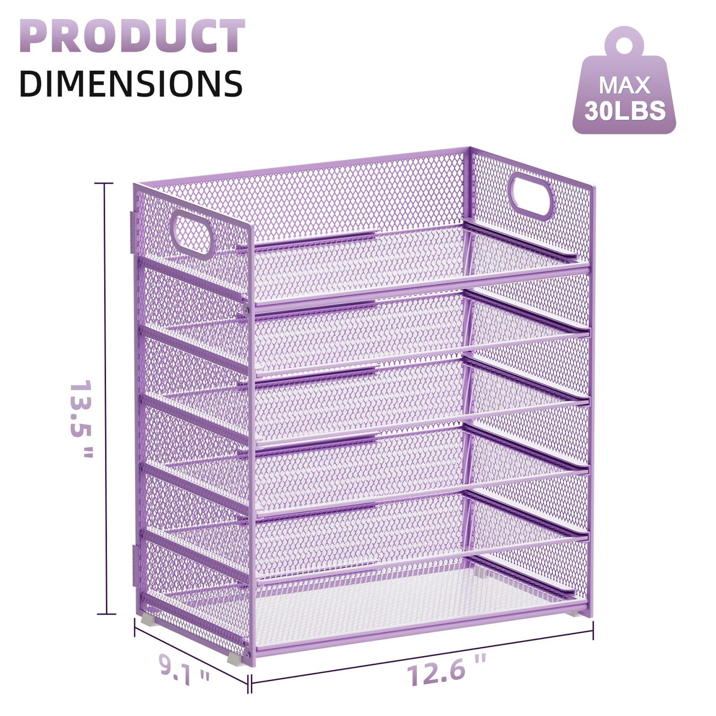 Marbrasse 6 Tier Paper Organizer Letter Tray - Mesh Desk File Organizer with Handle, Paper Sorter for Letter/A4 Office File Folder Holder - Purple