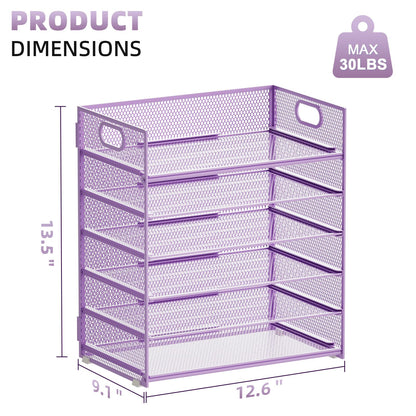 Marbrasse 6 Tier Paper Organizer Letter Tray - Mesh Desk File Organizer with Handle, Paper Sorter for Letter/A4 Office File Folder Holder - Purple