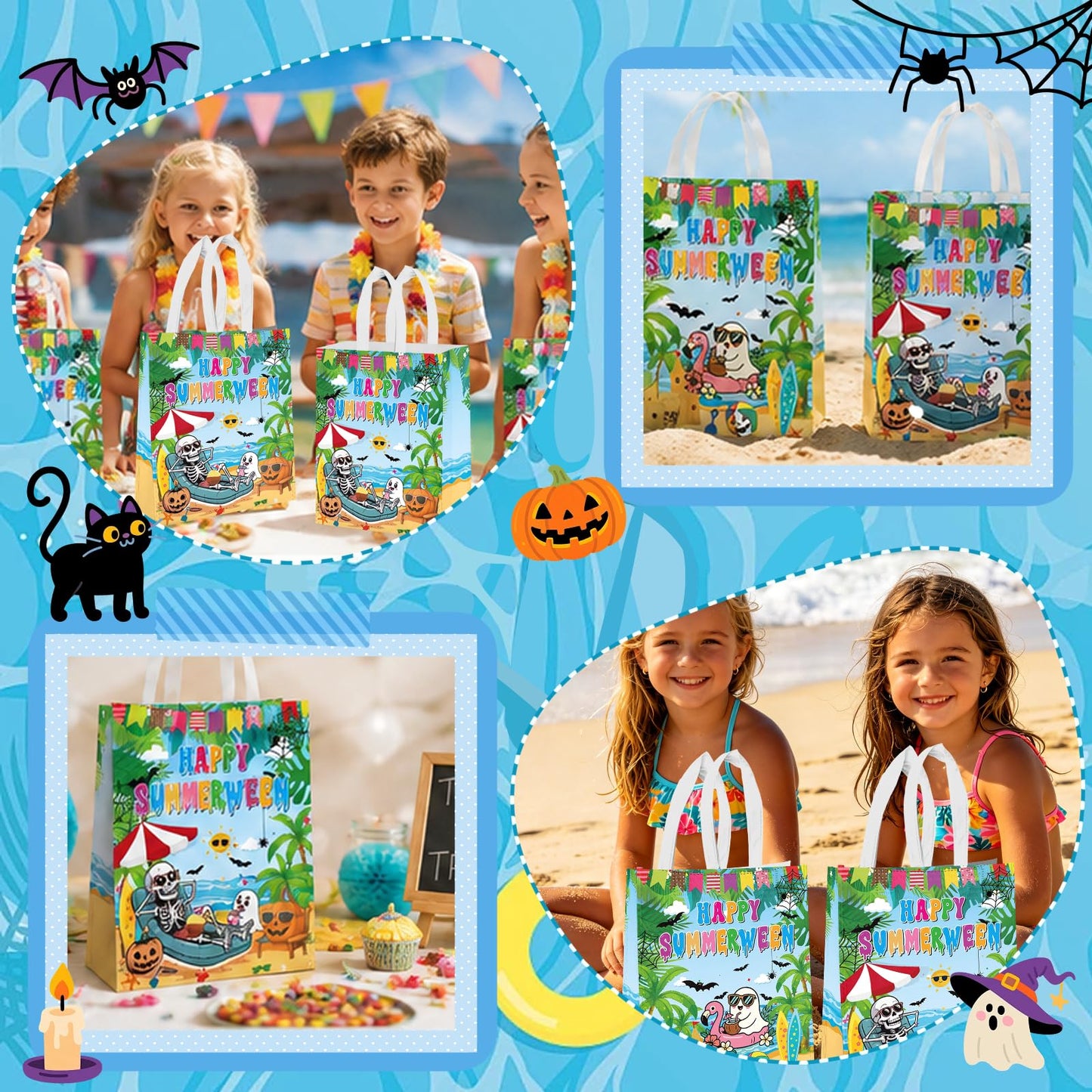 Ertyjikg 20PCS Summerween Gift Bags - Happy Summerween Decorations, Non-Woven Reusable Goodie Favor Bags for Halloween In Summer Party Supplies
