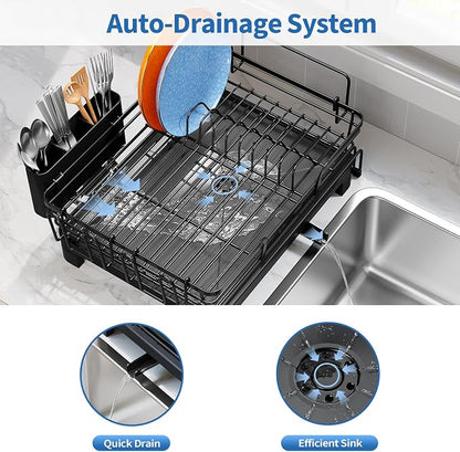 TOOLF Dish Drying Rack - Expandable Dish Rack, Large Capacity Dish Drainer for Kitchen Counter, Stainless Steel Dish Strainer with Cups Holder & Utensil Holder,Black
