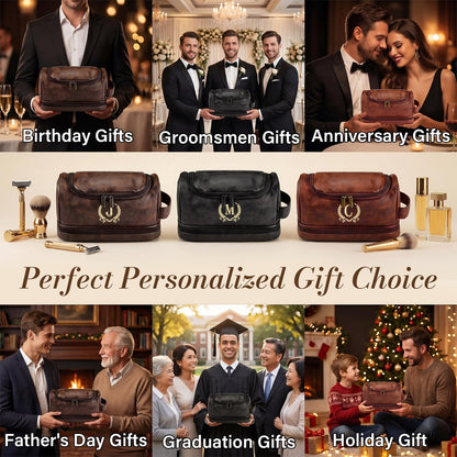 Groomsmen Gifts for Men Travel Toiletry Bag, Personalized Leather Toiletry Bag with Handle & Hook, Water Resistant Shaving Kit Bag for Wedding Party Bachelor Party Favors Bestman Gifts（C）