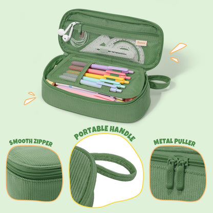 SUNEE Cute Pencil Case, Large Capacity Pencil Pouch, Soft Corduroy Pencil Bag, Big Storage Pen Organizer for Stationery, Aesthetic Zipper Pencil Box, Back to School Supplies for Teen Girls Boys, Green