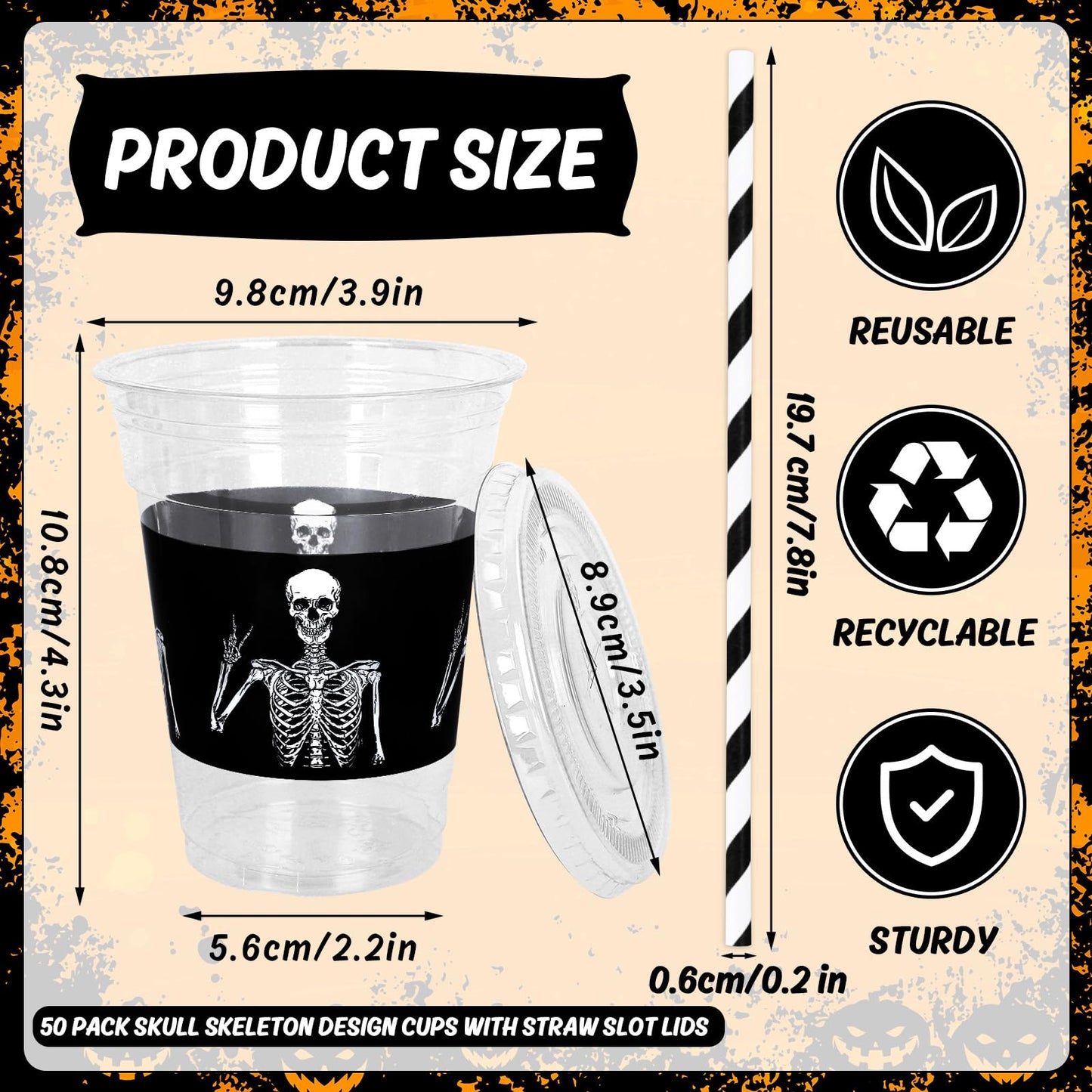 JarThenaAMCS 50Pcs Halloween Disposable Plastic Cups with Lids and Straws 12oz Funny Skeleton Cold Beverage Drinking Cups for Birthday Goth Party Supplies
