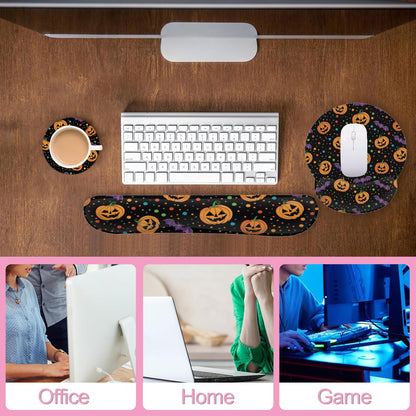Halloween Pumpkin Bat Keyboard Wrist Rest Pad Mouse Pad Set,Ergonomic Mousepad Wrist Support Memory Foam Desk Pad for Gaming Office,Non-Slip Rubber Base Easy Typing for Home Office Computers