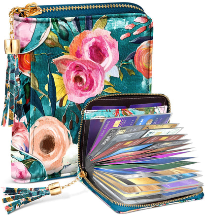 Bistup 【40 Slots Credit Card Holder for Women Girls Cute RFID Blocking Card Organizer Leather Cardholder Protector for Lady Female Large Capacity Size Big Zipper Wallet Flower Luxury Aesthetic Unique
