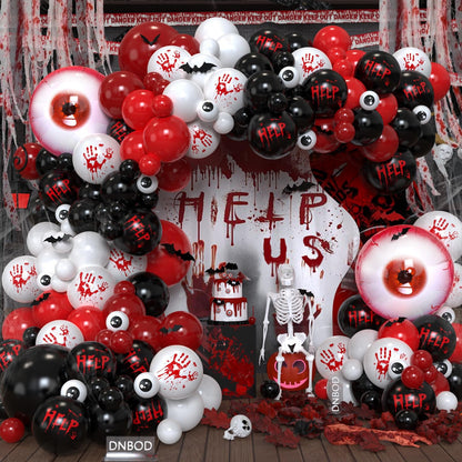 Bloody Scary Halloween Balloon Arch Kit,159Pcs Red Black White Bloody Handprints Balloon Garland with Eyeball Foil Balloons,3D Bat Stickers for Horror Movies Night Killer Birthday Party Decorations