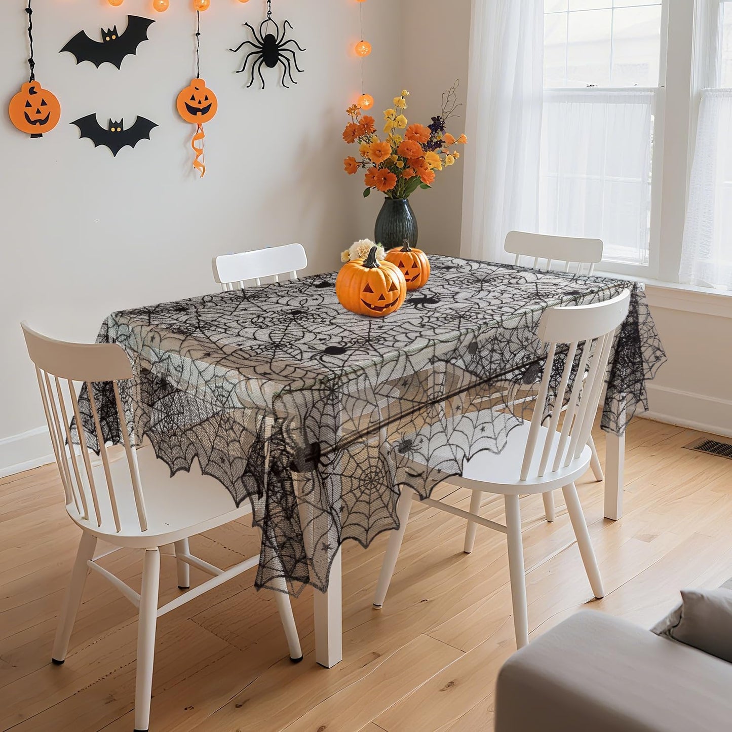 PIGETALE Black Lace Halloween Tablecloth Rectangular Overlay 54 x 72 Inches Spider Web Embroidered Table Cloth Gothic Table Cover Decor for Masquerade Scary Movie Nights Dinner Party Decorations
