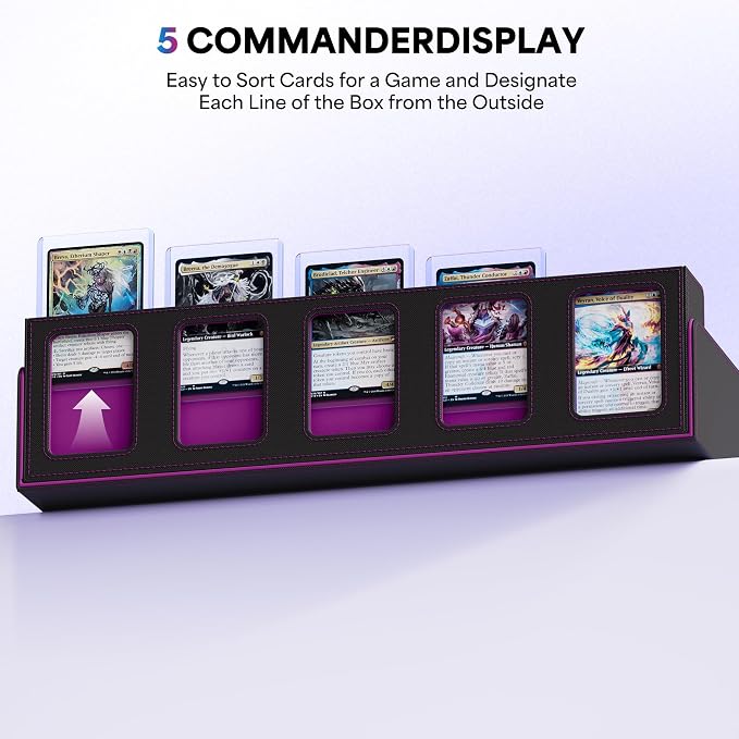 UAONO Trading Card Storage Box with Commander Display;3900+ Card Box for MTG, Removable Cover; 5 Row Case fits MTG TCG Sports Cards 48 Dividers,5 Stoppers,5 Top Loaders,1 Dice Box(Black, Purple)