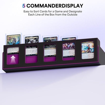 UAONO Trading Card Storage Box with Commander Display;3900+ Card Box for MTG, Removable Cover; 5 Row Case fits MTG TCG Sports Cards 48 Dividers,5 Stoppers,5 Top Loaders,1 Dice Box(Black, Purple)