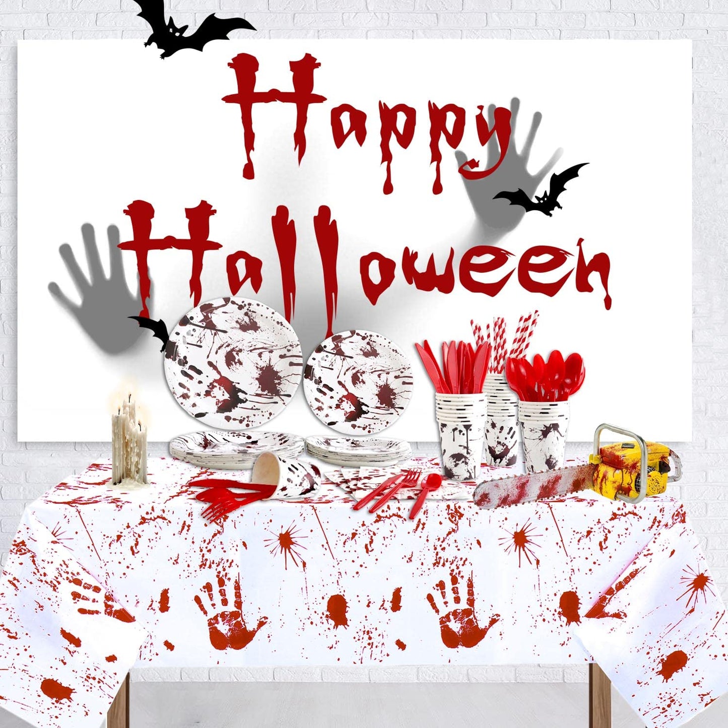 Halloween Party Supplies Dinnerware Decorations - Bloody Zombie Tablecloth, Paper Plates, Cups, Straw, Napkins, Cutlery - Horror Halloween Birthday Party Decorations Tableware Serves 20 Guests-161CT