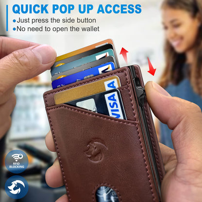 Housmai Wallet for Men, Slim Pop Up Card Holder with RFID Blocking, Minimalist Bifold Wallet with 9 Card Slots, ID Window and Cash Pocket, Metal Flip Case with Magnetic Closure, Gift Box