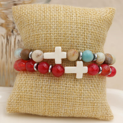 Frigotine Cross Amazonite Beaded Stretch Protection Bracelet for Woman, Handmade Healing Natural Stone Chakra Beads Elastic Bracelets Catholic Religious Accessories Fashion Jewelry Gift