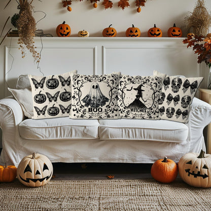 GAGEC Halloween Pillow Covers 18x18 Inch Set of 4 Ghost Witches Gothic Throw Pillow Covers Pumpkin Butterfly Spooky Farmhouse Pillowcase Couch Cushion Case for Home Sofa Living Room Decor