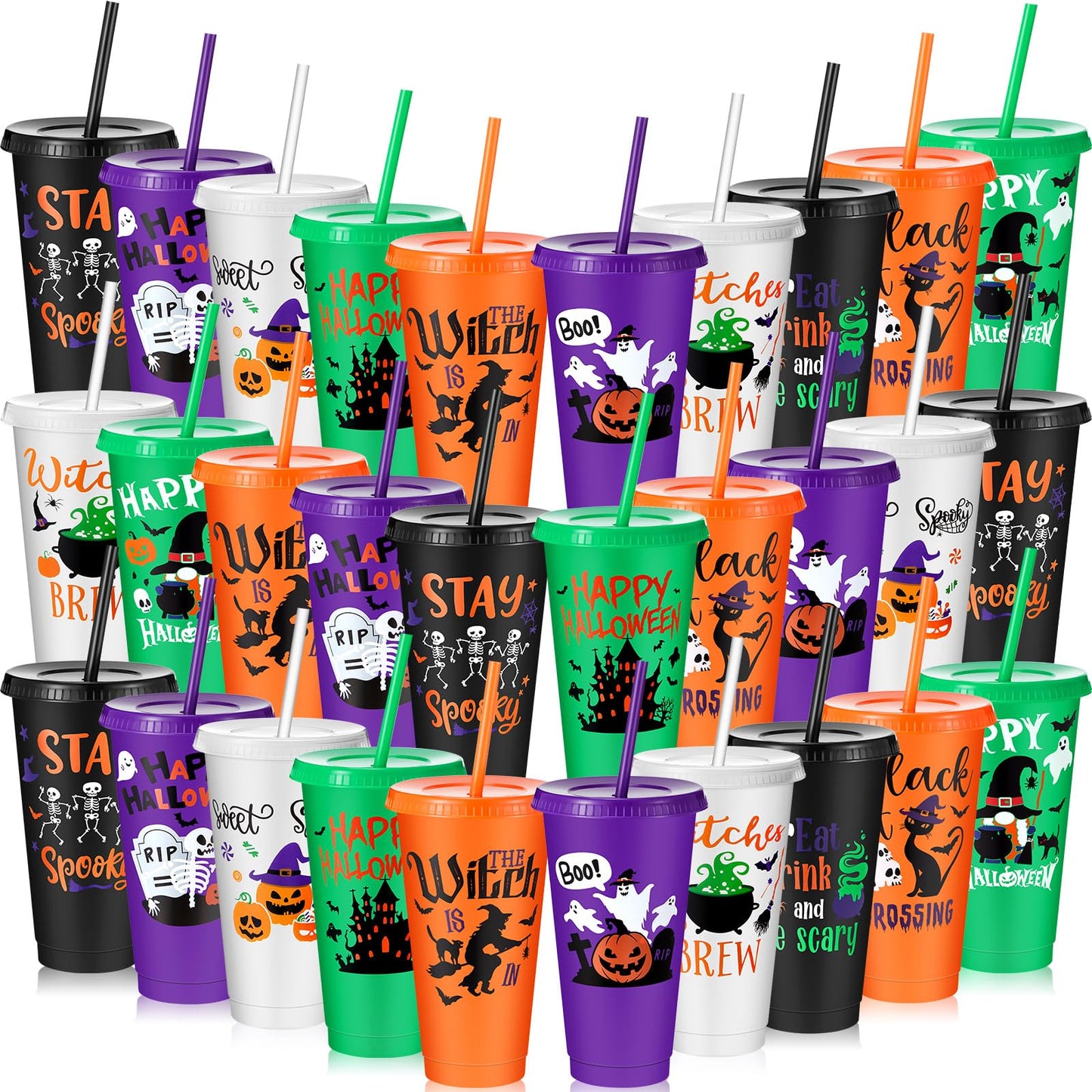 Chuangdi 30 Pack Halloween Plastic Tumbler with Lids and Straws Reusable Plastic Cups Spooky Cups Bulk for Kids Adults Halloween Party Birthday Supplies(24 oz,Pumpkin)