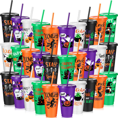 Chuangdi 30 Pack Halloween Plastic Tumbler with Lids and Straws Reusable Plastic Cups Spooky Cups Bulk for Kids Adults Halloween Party Birthday Supplies(24 oz,Pumpkin)