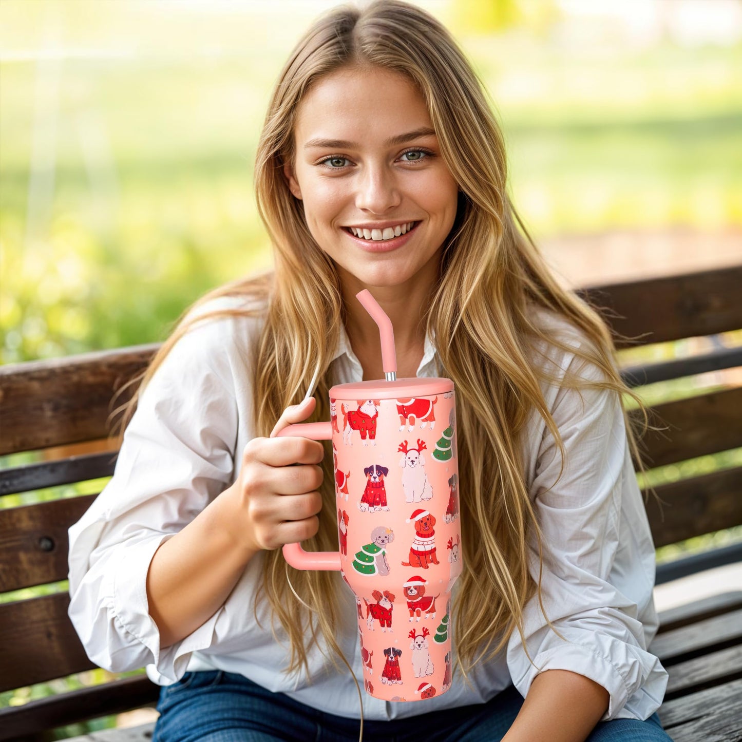OEUFSEEE Christmas Dog Tumbler with Straw and Lid Vacuum Insulated 40oz Stainless Steel Puppy Cup Gifts for Women Xmas Present Skinny Water Bottle Coffee Cup for Home or Travel