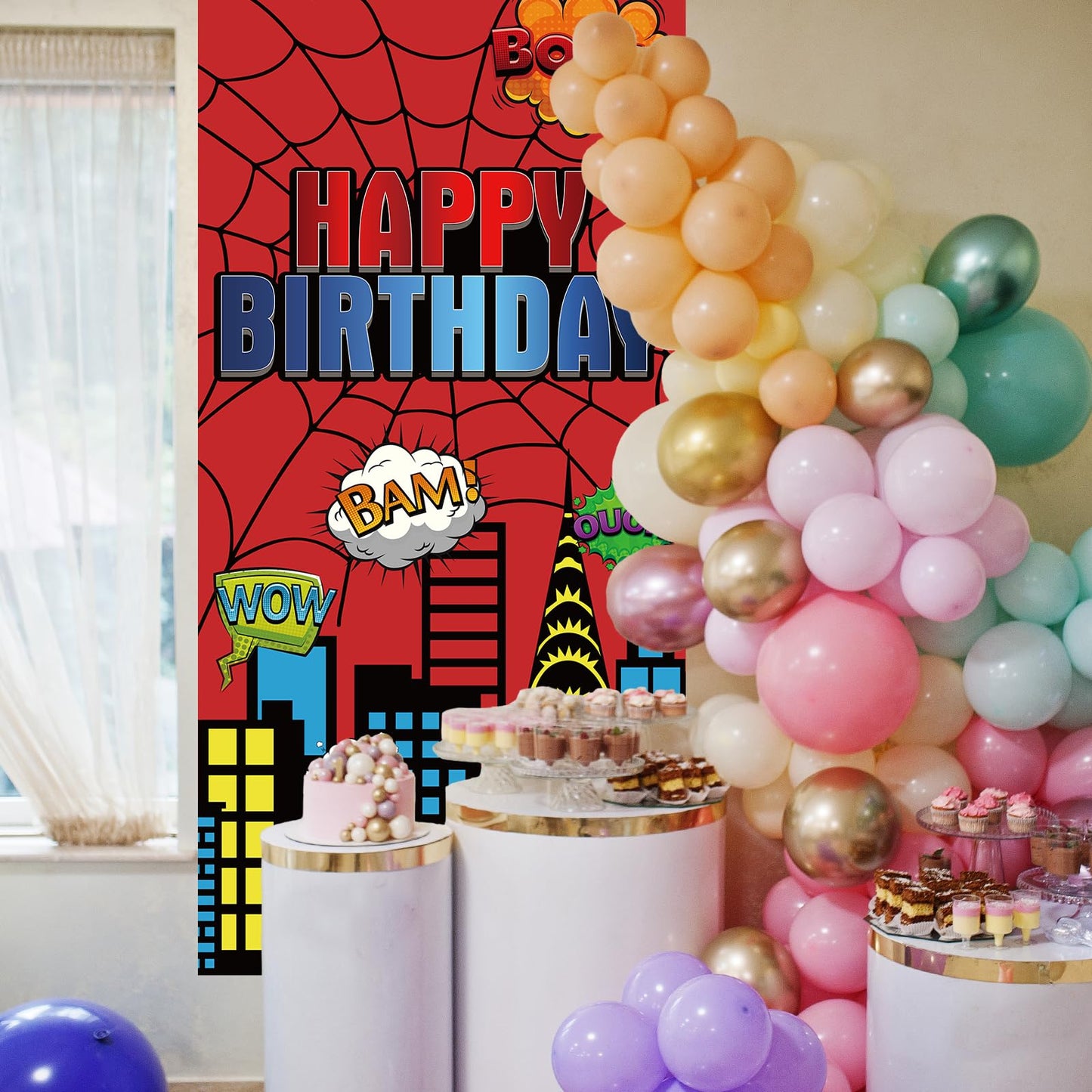 Red Spider Web Door Banner, 6x3ft Superhero Party Decoration Door Cover for Boys Birthday, Kids Party Supplies, Photography Photo Background