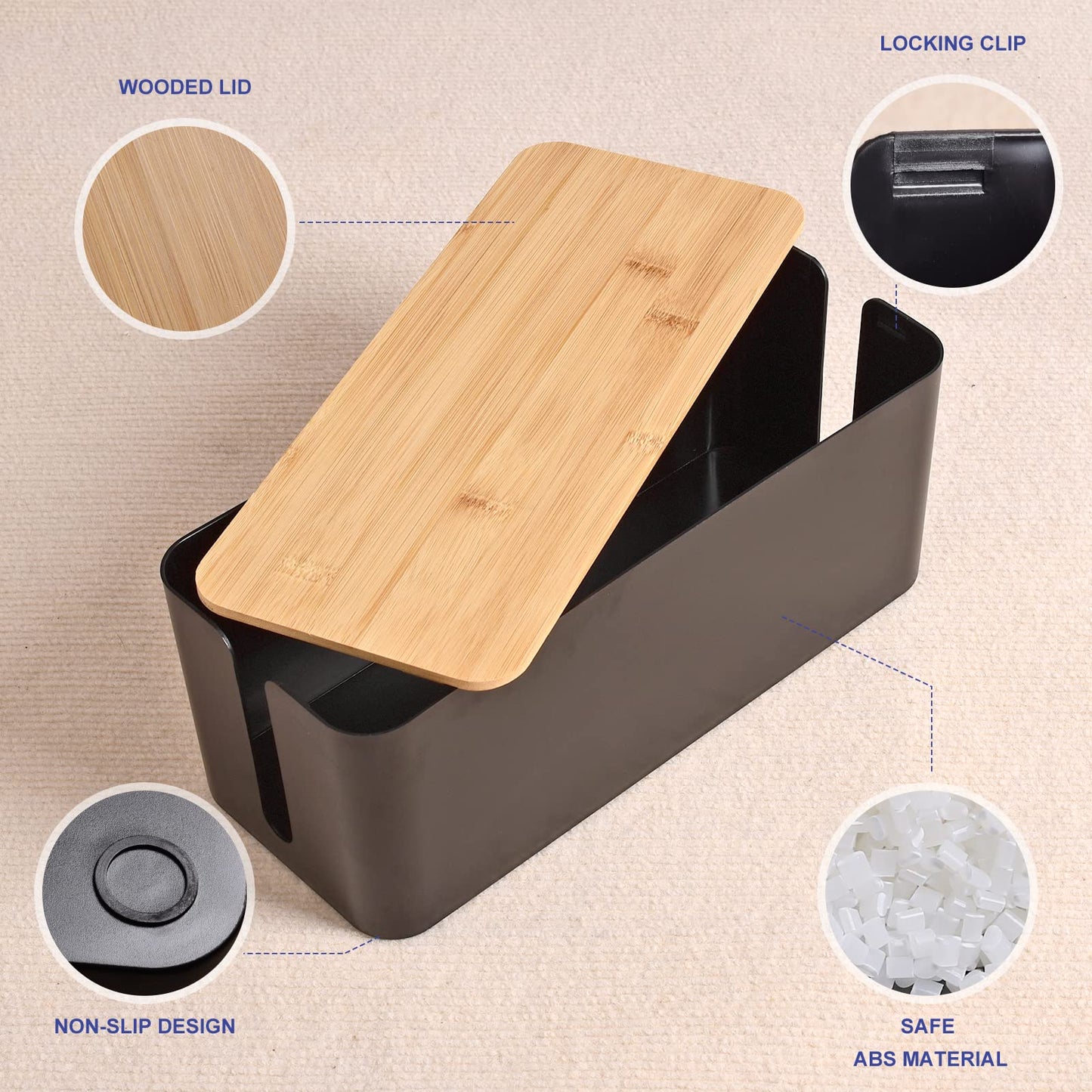 Cable Management Box - Wooden Style Large Cord Organizer to Hide Wires & Power Strips | Desk Computer Cable Organizer | Safe ABS Material | 16" (L) x 6.2" (W) 5.3" (H) | for Home & Office - Black