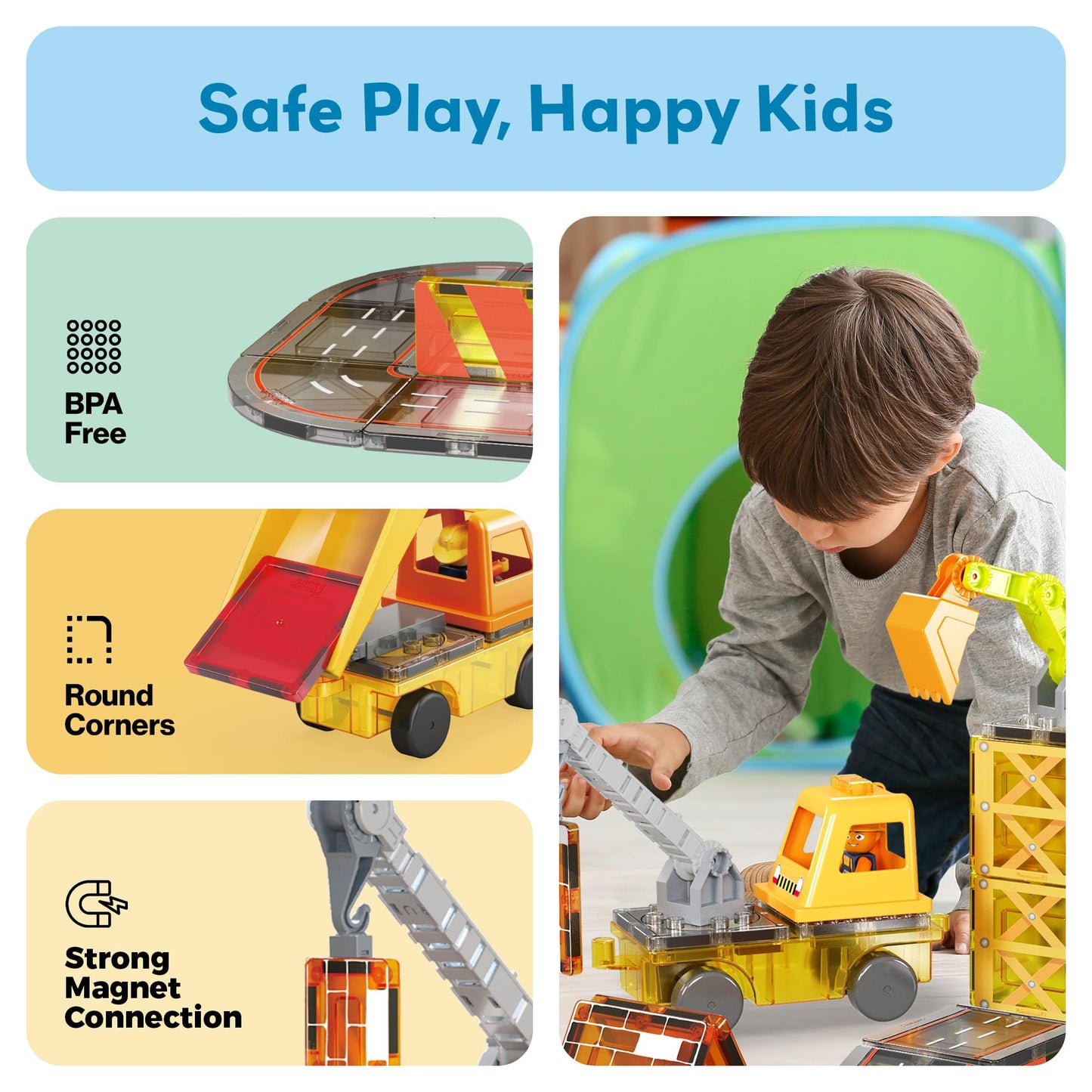 PicassoTiles Magnet Tile Construction Themed Building Blocks 5-in-1 Crane, Ladder, Dump Truck, Excavator, and Backhoe Action Figures, 2 Car Base Vehicles Magnetic Tiles Learning Toys Kids Ages3+ PTU06