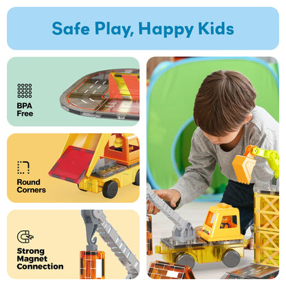 PicassoTiles Magnet Tile Construction Themed Building Blocks 5-in-1 Crane, Ladder, Dump Truck, Excavator, and Backhoe Action Figures, 2 Car Base Vehicles Magnetic Tiles Learning Toys Kids Ages3+ PTU06