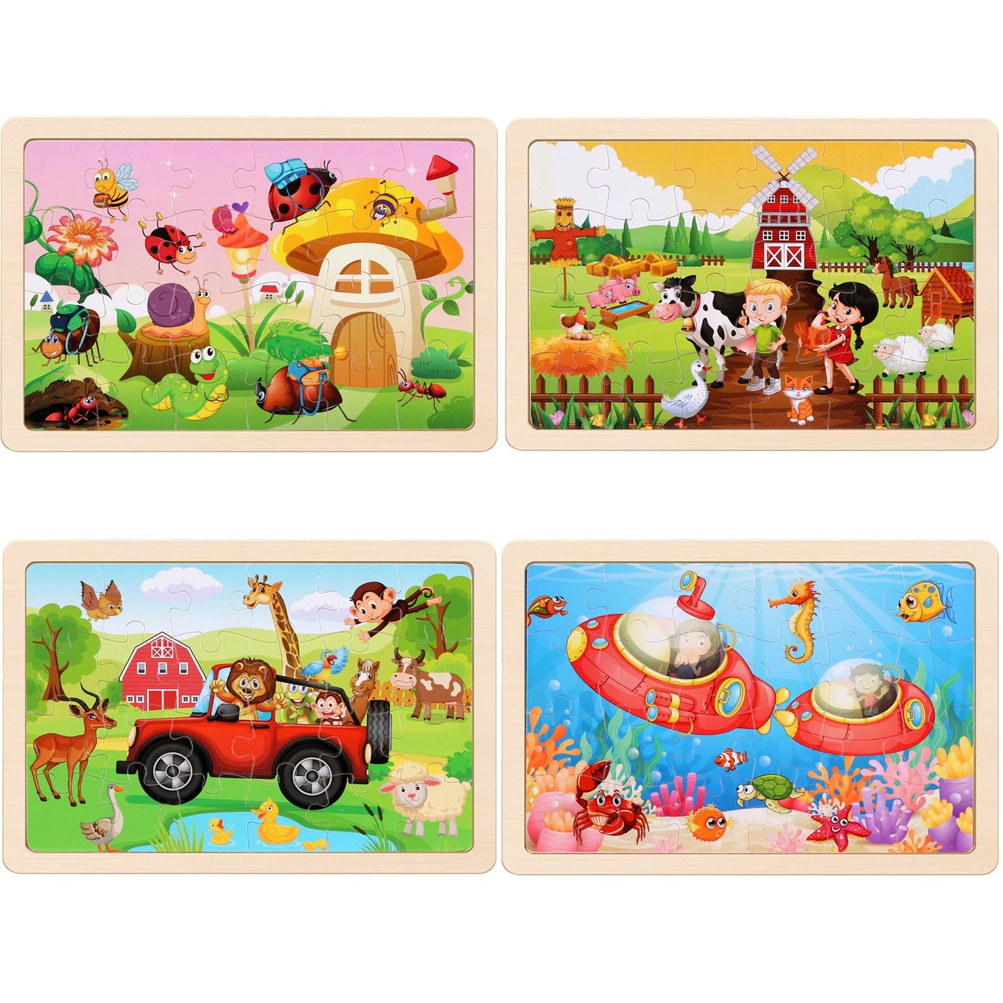 Wooden Puzzles Toys for Kids Ages 3-5, Set of 4 Packs with 20-Piece Farm, Animals Theme Wood Jigsaw Puzzles, Preschool Educational Brain Teaser Toys for Boys and Girls 3-6 Years Old.