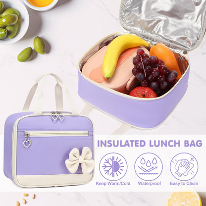 GeeWin Girls Backpack for School with Lunch Box & Pencil Case Set, 17 Inch Waterproof Cute Bow Girls Bookbag for Kids, Teens, Elementary Middle High College School Student (Purple/Beige)