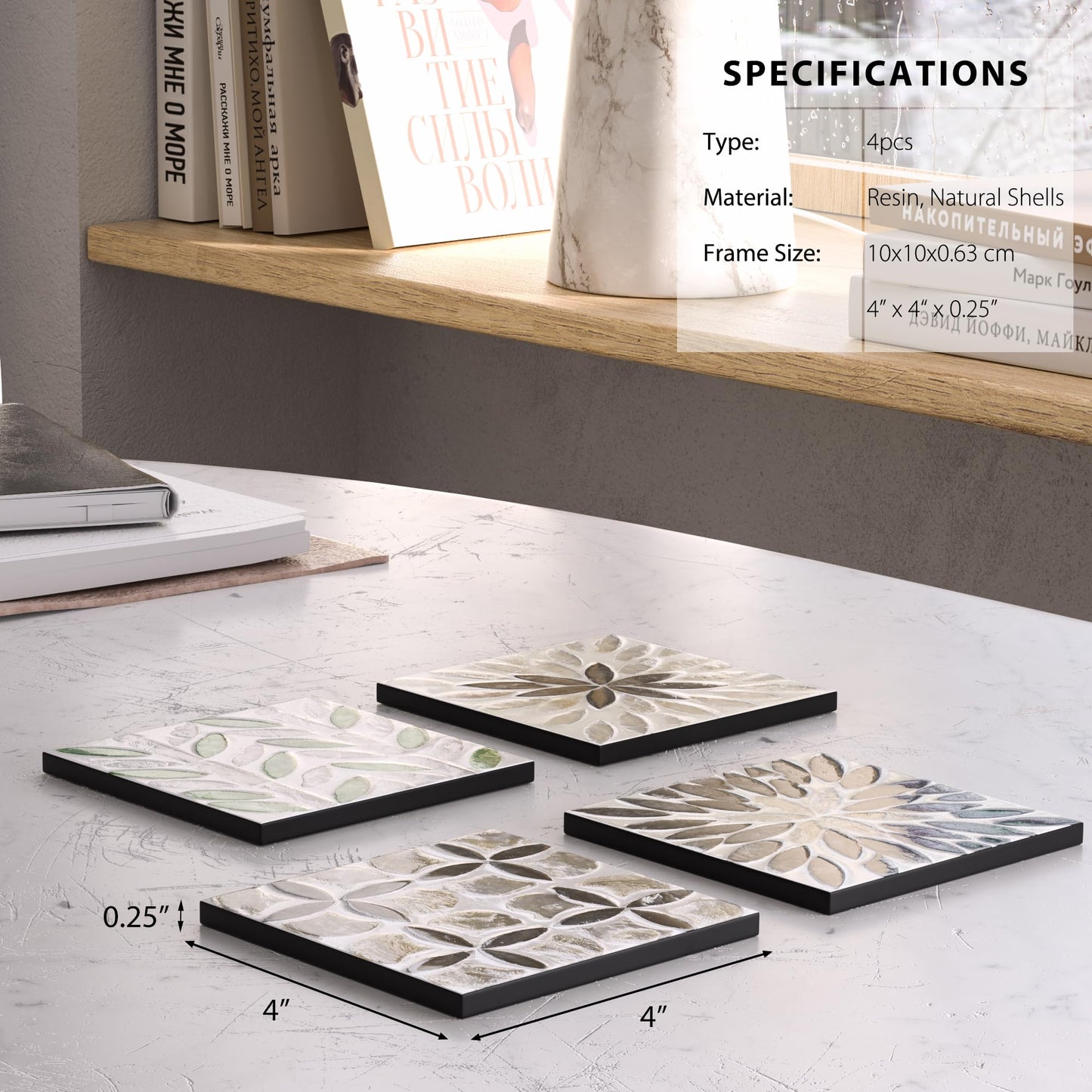 Leadiy Square Resin Coasters for Drinks,Set of 4 Non-Slip Coffee Cup Coasters, 4x4 Inches Desk Accessories, Absorbent Desktop Office Home Decor, Perfect for Coffee Table, Bar, Kitchen, and Party