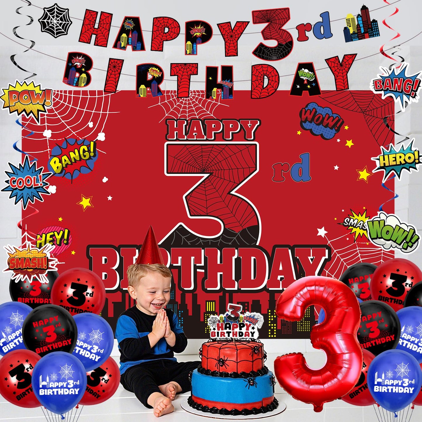 Spider 3rd Birthday Decorations, Red Black Happy 3rd Birthday Banner Backdrop Hanging Swirls Number 3 Balloons Cake Topper for Kids 3 Years Old Spider Web Cartoon Party Supplies Favors Third Decor