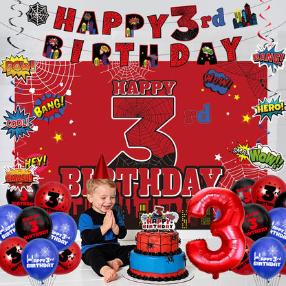 Spider 3rd Birthday Decorations, Red Black Happy 3rd Birthday Banner Backdrop Hanging Swirls Number 3 Balloons Cake Topper for Kids 3 Years Old Spider Web Cartoon Party Supplies Favors Third Decor