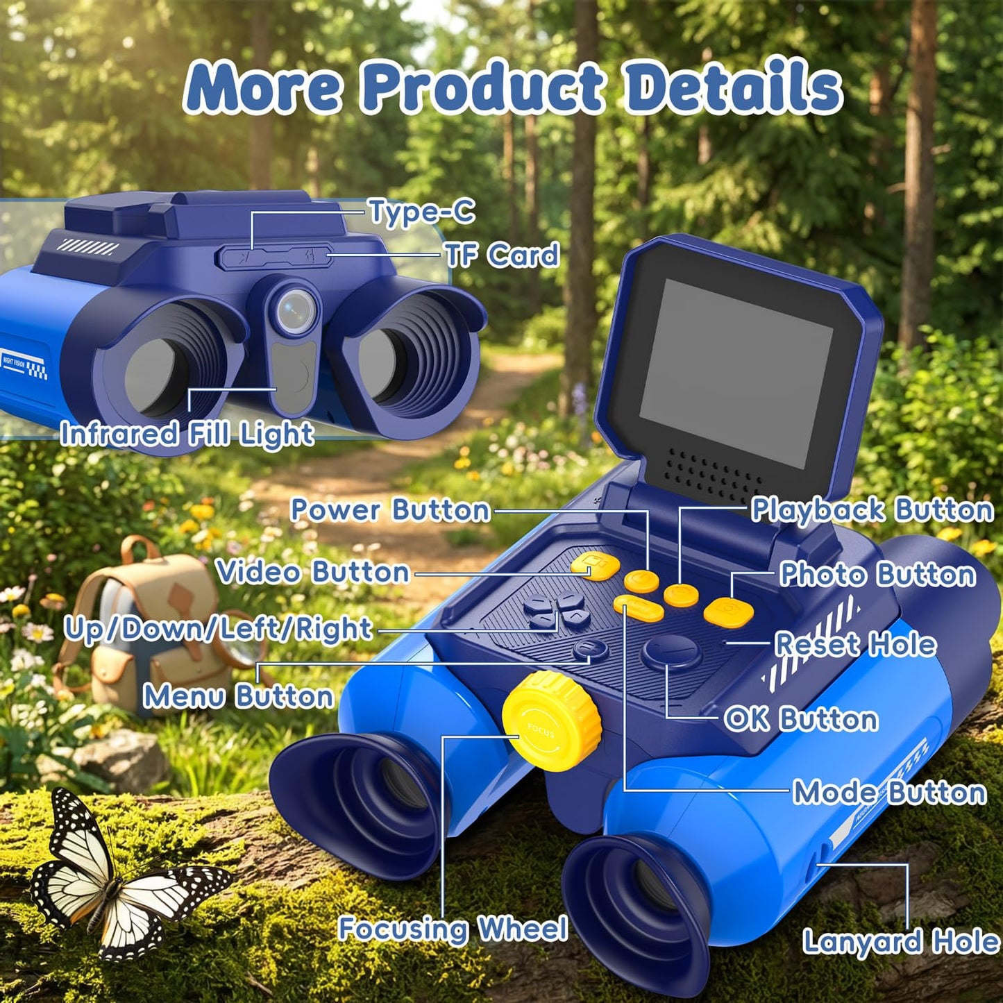 OAEBLLE Kids Binoculars with Night Vision Camera, 10X Zoom Digital Adventures Telescope with 2.4" IPS Screen, Nature Explorer STEM Toys for Bird Watching Camping, Gifts for Boys Girls Age 4-12 - Blue