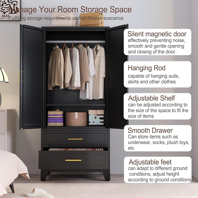 erosoei Metal Armoire Wardrobe Closet, 71 "Metal Clothing Storage Cabinet | with Mirror and Adjustable Shelves, Household Steel Wardrobe Storage Cabinet with 2 Drawers and Hanging Rod(Armoire-Black)