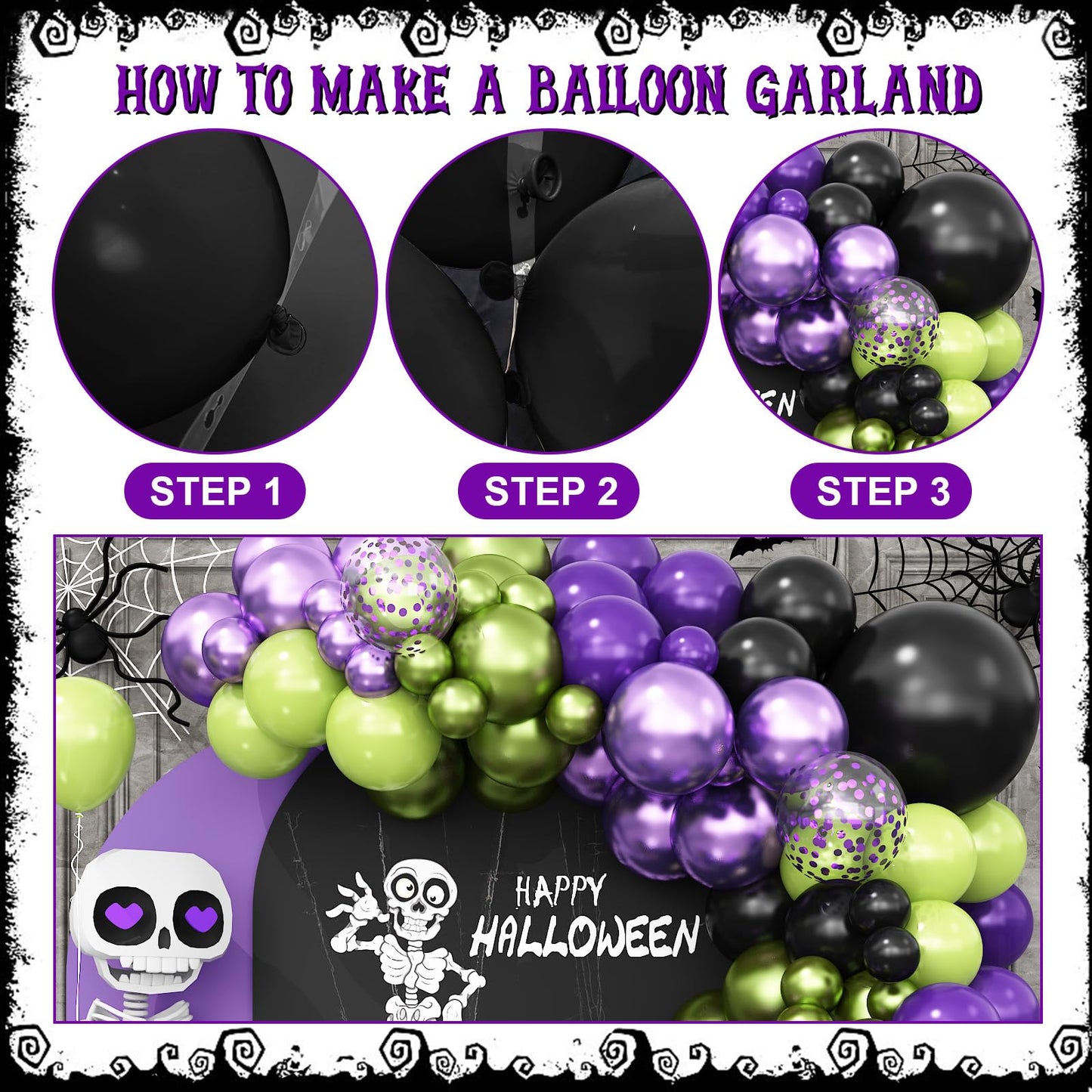 Halloween Balloon Arch Garland Kit, Purple Green Balloon Arch with Purple Confetti Balloons, Black Green Metallic Latex Balloons Set for Halloween Party Decorations