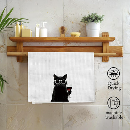 Qskjre Funny Black Cat Wine Kitchen Towels, Cat Mom Gifts for Women, Black and White Cats Decor, Wine Lover Gift Decorative Hand Tea Dish Towel for Kitchen Bar Cart Decor,16x24 Inch