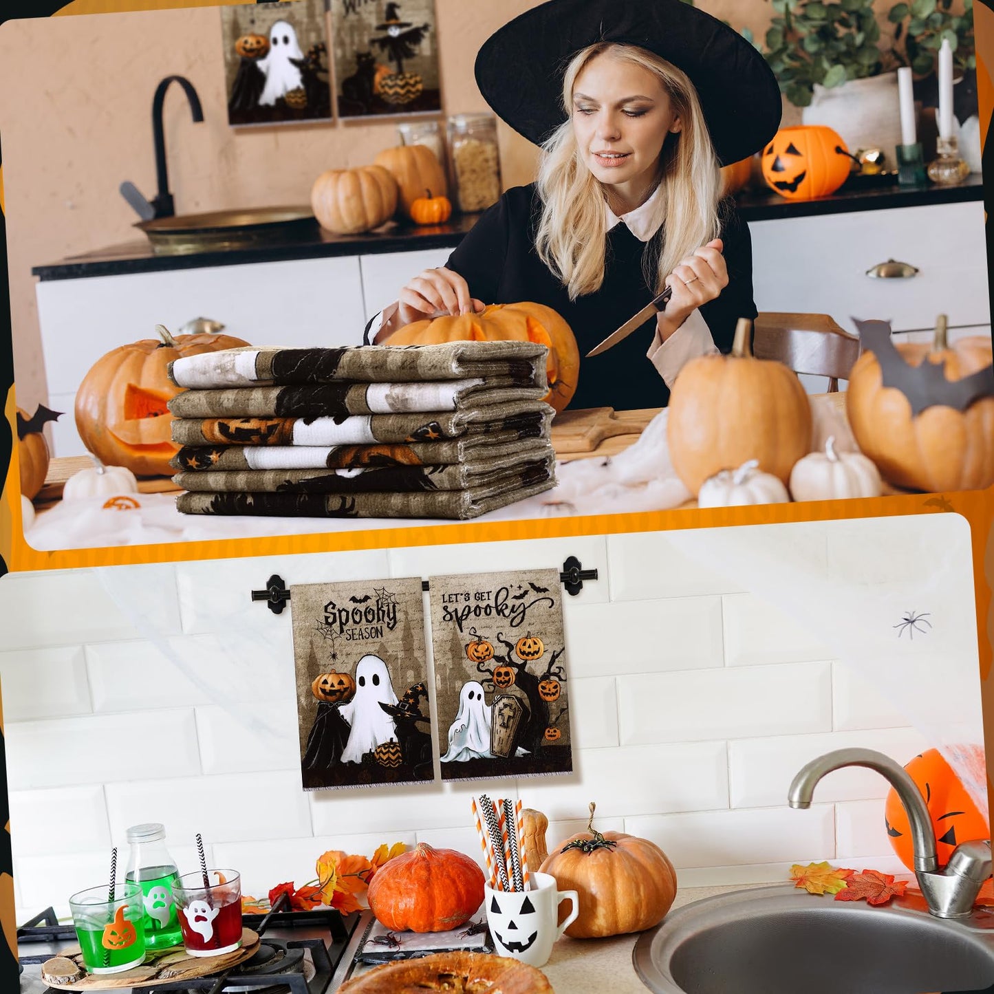 Ganeen 6 Pcs Halloween Kitchen Towels Dwarfs Cobwebs Witches Castles Dish Towels Fiber Fingertip Hand Towel Decorative Tea washtowels 14.2 x 21.3 Inch for Decorative Bathroom Holiday (Goth)