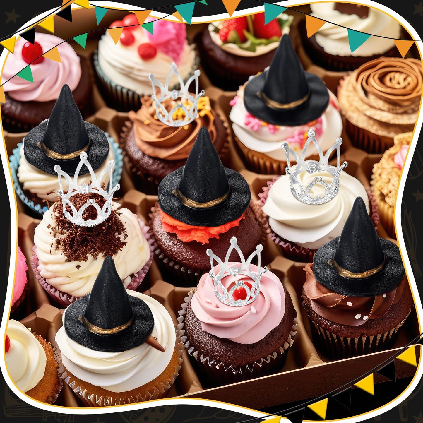 Cutecrop 48 Pack Witch Hat and Crown Cake Topper Bad Witch Birthday Party Decorations Mini Wizard Hats Silver Crown Cupcake Toppers Decor Princess Cake Accessories for Birthday Party Supplies Crafts