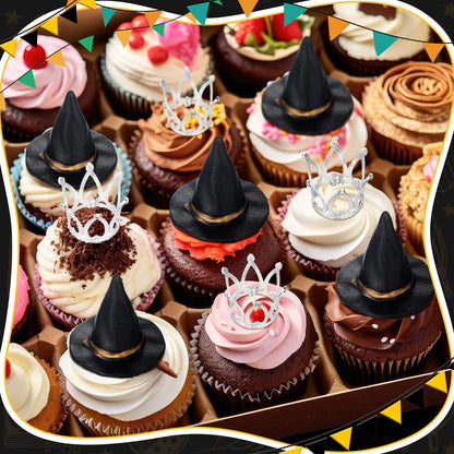 Cutecrop 48 Pack Witch Hat and Crown Cake Topper Bad Witch Birthday Party Decorations Mini Wizard Hats Silver Crown Cupcake Toppers Decor Princess Cake Accessories for Birthday Party Supplies Crafts