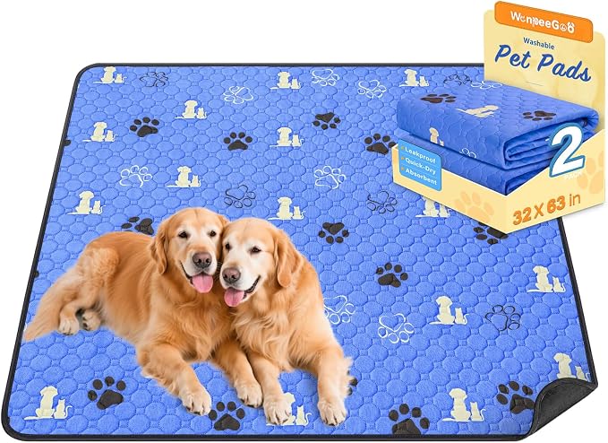 WanpeeGoo Washable Pee Pads, Puppy Pee Pad for Dogs, 2 Pack Absorbent Reusable Training Dog Pads Pet Puppy Pads, Non-Slip Potty Pads for Whelping, Playpen, Crate, Bed, Blue 32"x63"