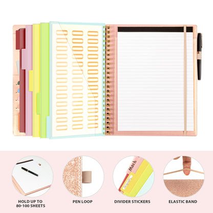 Ospelelf Clipboard with Storage for Women, Leather Padfolio Portfolio Organizer 5 Folders with 10 Pockets, Spiral Clipboard Folio with Notepad for Letter Size, Elastic Closure and Pen Loop Rose Gold