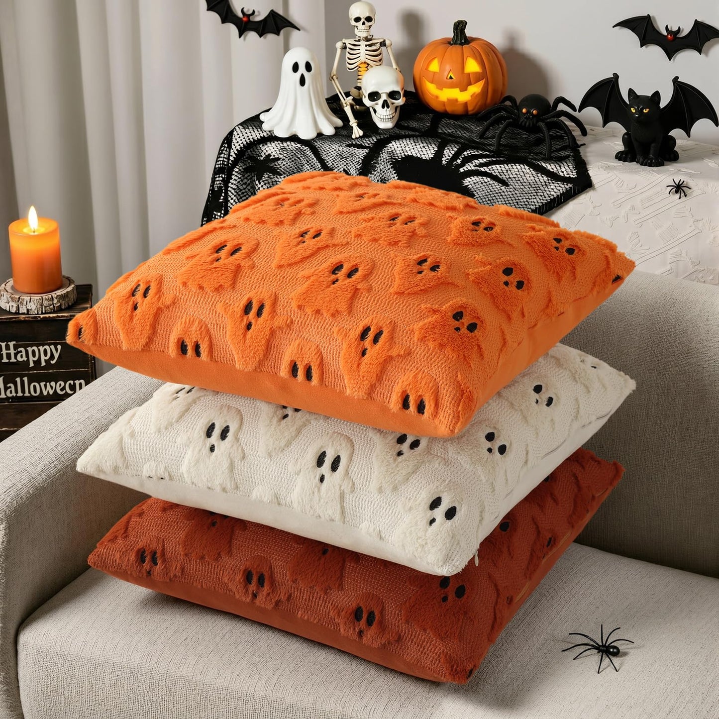 decorUhome Fall Halloween Ghost Pillow Covers 18x18 Inch Pack of 2 Soft Plush Faux Wool Textured Throw Pillow Covers Cute 3D Ghost Decorative Cushion Cases for Couch Sofa Bedroom Home Decor, Rust