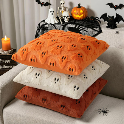 decorUhome Fall Halloween Ghost Pillow Covers 18x18 Inch Pack of 2 Soft Plush Faux Wool Textured Throw Pillow Covers Cute 3D Ghost Decorative Cushion Cases for Couch Sofa Bedroom Home Decor, Rust